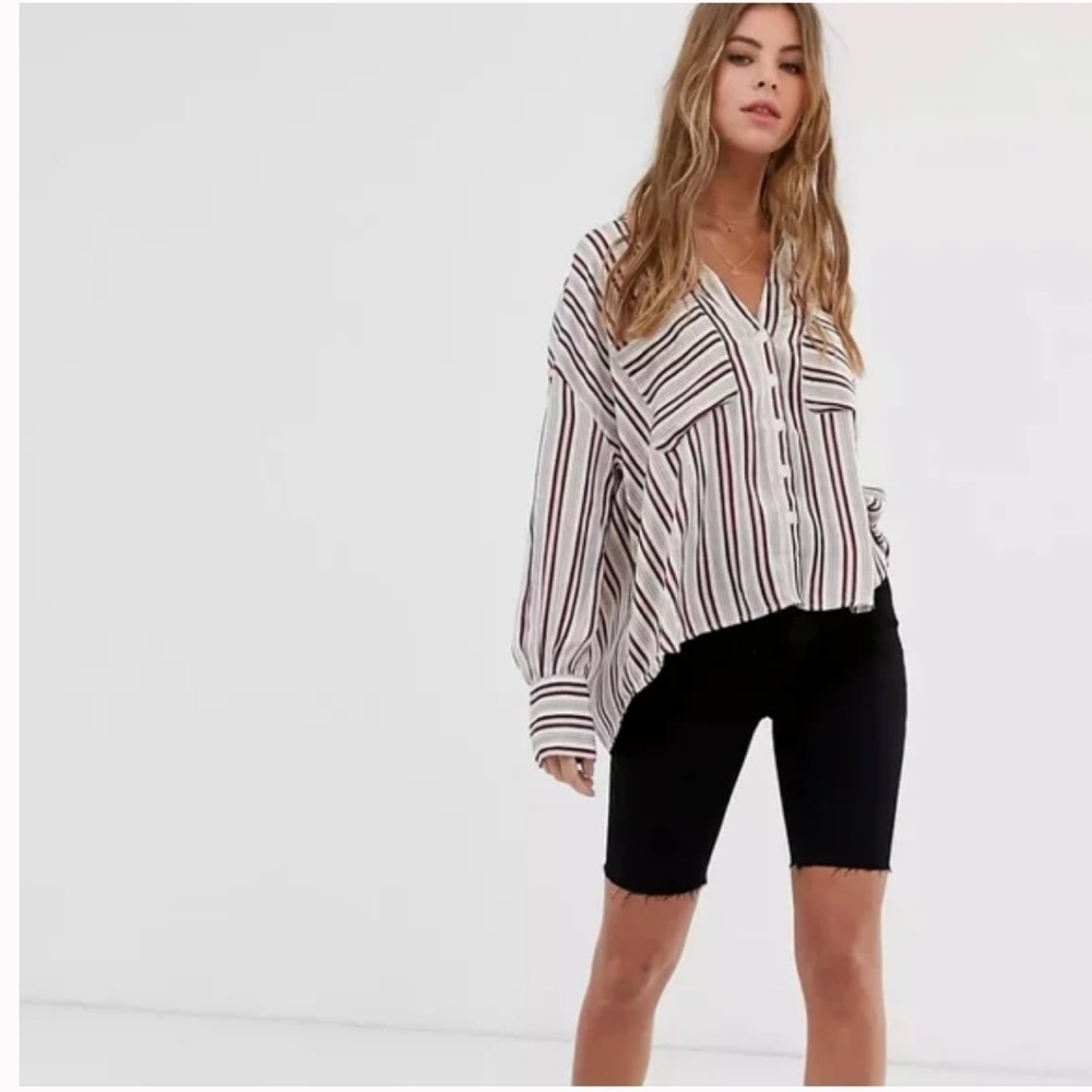 Free People Mad About You Button Front Striped Shirt Ivory Red Oversized